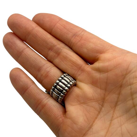 Large Domed Statement Stretch Cocktail Ring Silver Tone with Clear Rhinestones - Picture 4 of 10